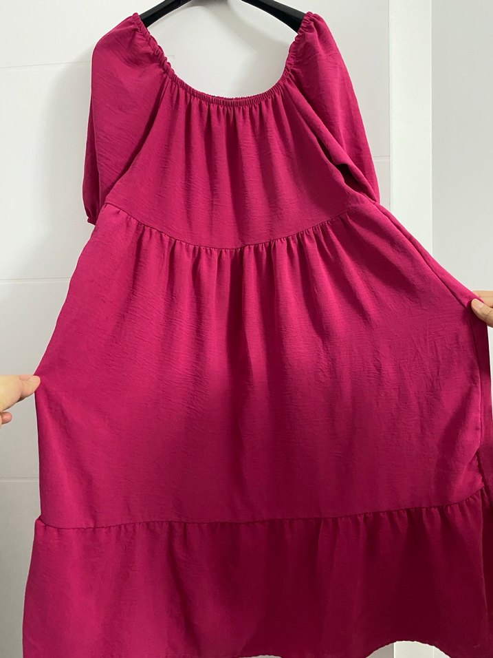 Pembe Uzun Keten Elbise, Fırfırlı, Salaş Kesim - Görsel 2