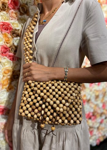 Boncuk Detaylı Ahşap Bohem Kadın Çanta - Görsel 3