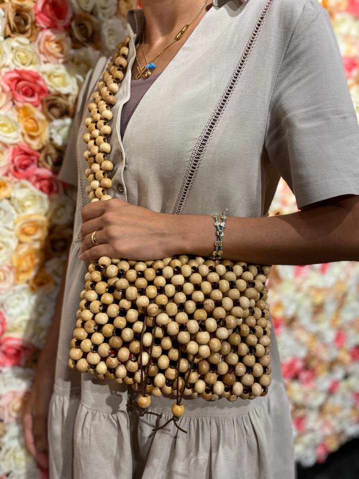 Boncuk Detaylı Ahşap Bohem Kadın Çanta - Görsel 3