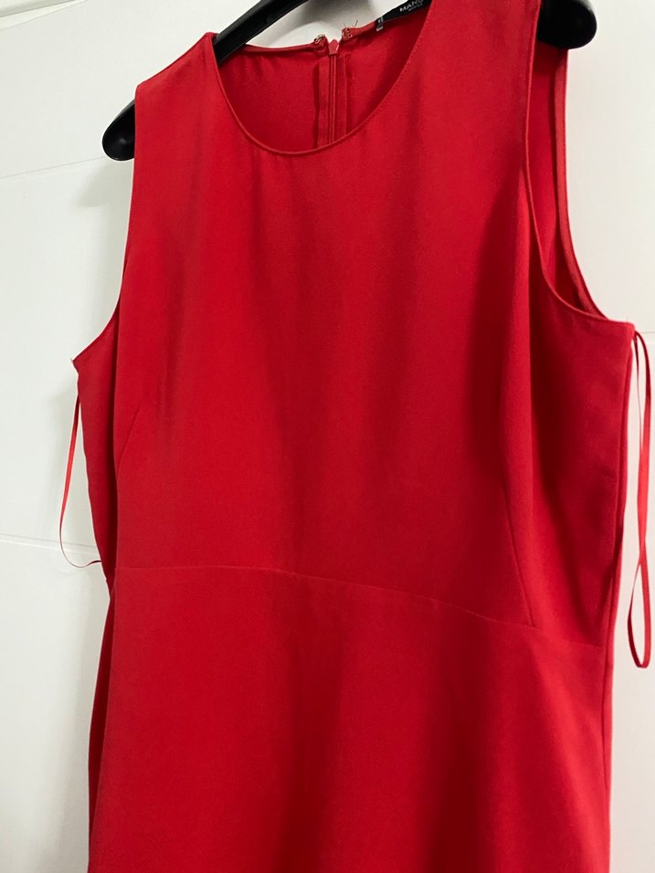 Kırmızı Midi Kolsuz Drapeli Ofis Elbisesi - Görsel 3