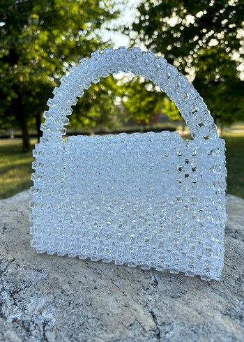 Boncuklu Beyaz Cam Kadın Çantası - Görsel 8