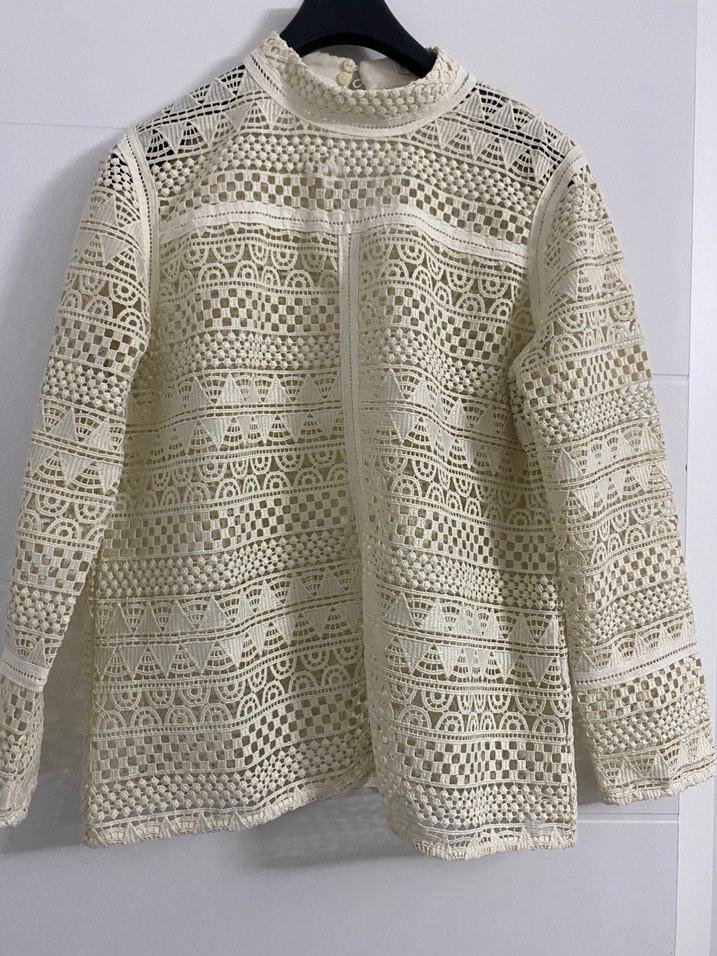 Dantel İşlemeli Bohem Beyaz Triko Bluz - Görsel 4