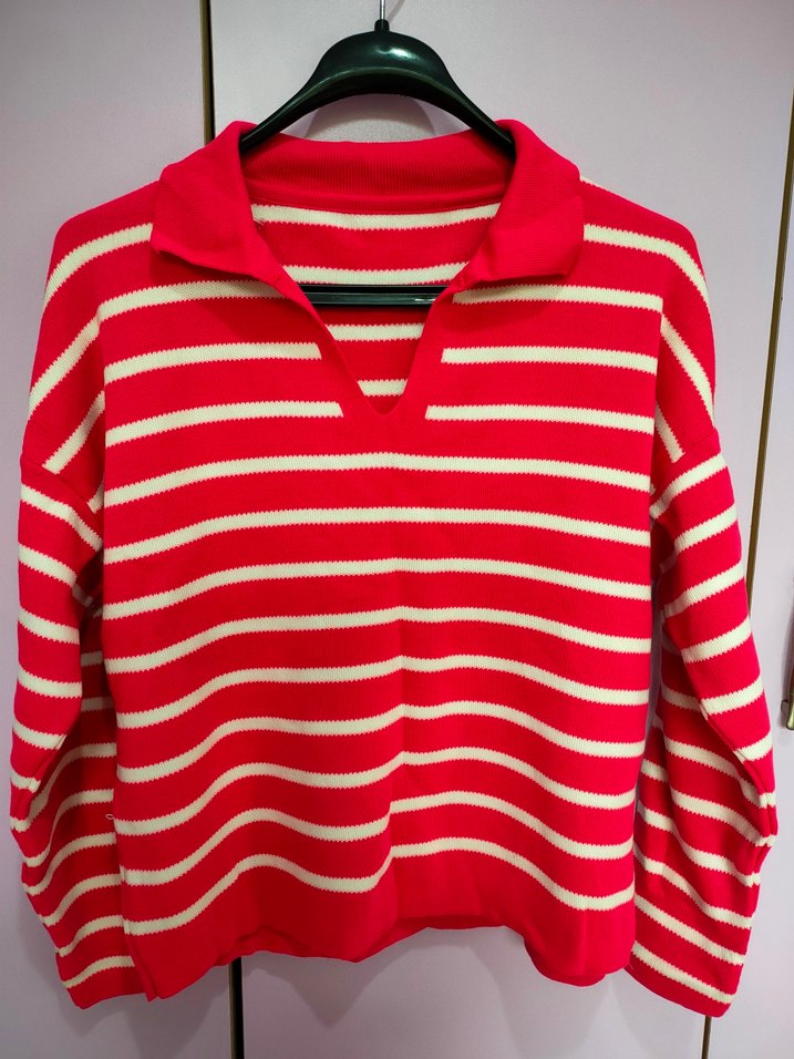 Pembe Çizgili Polo Yaka Triko Kazak - Görsel 2