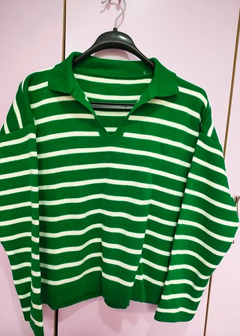 Yeşil Beyaz Çizgili Triko Kadın Kazak - Görsel 2