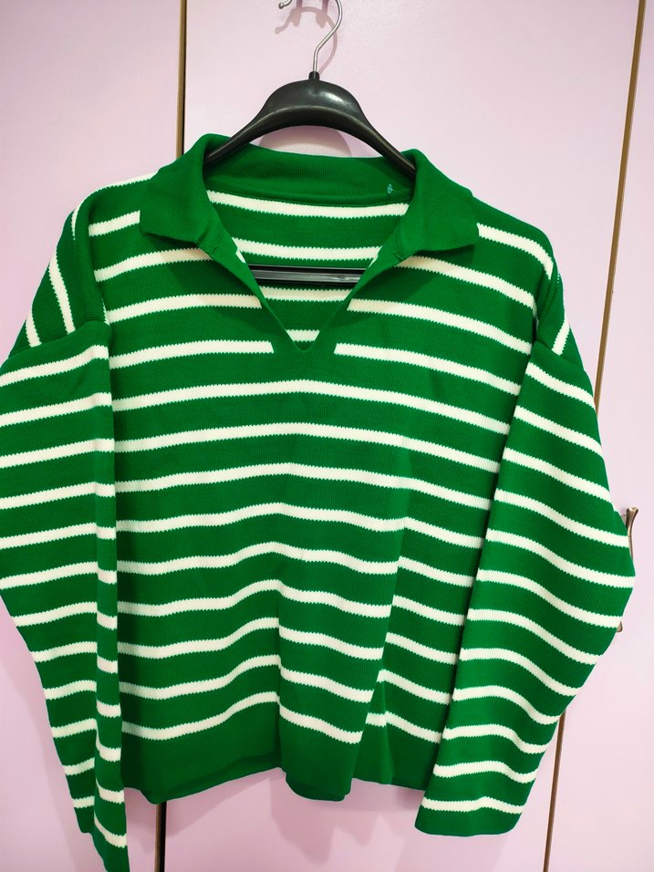 Yeşil Beyaz Çizgili Triko Kadın Kazak - Görsel 2