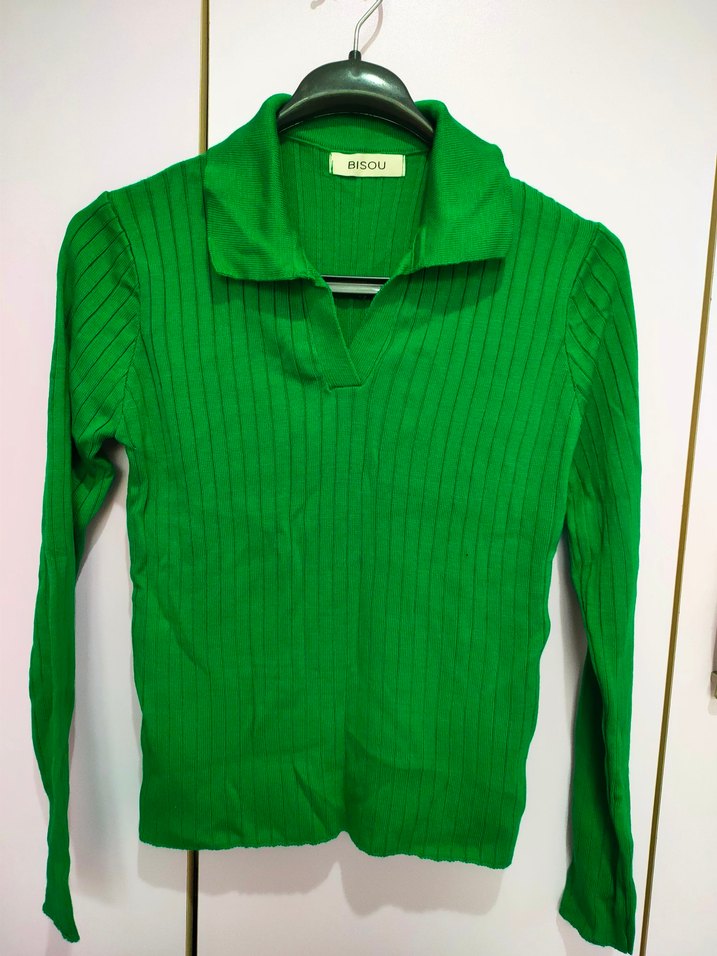 Kadın Yeşil Triko Polo Yaka Kazak - Görsel 2