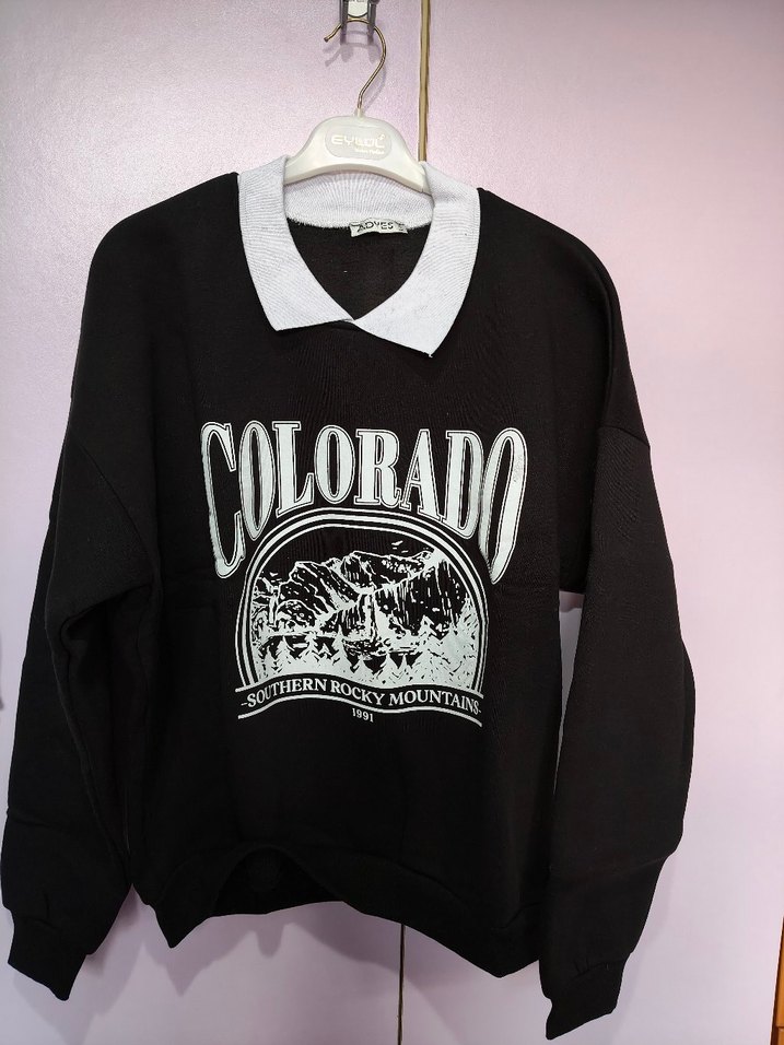 Kadın Siyah Polo Yaka Sweatshirt - Görsel 2