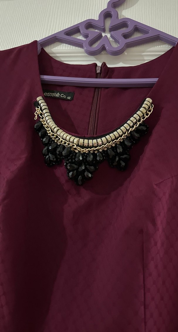 Zincir Detaylı Bordo Uzun Abiye Elbise - Görsel 2