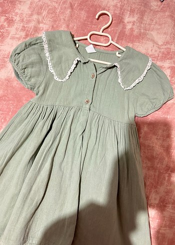 Kız Çocuk Bej Keten Kısa Kollu Elbise - Görsel 2