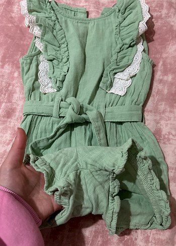 Yeşil Nakışlı Keten Kız Tulum - Görsel 2