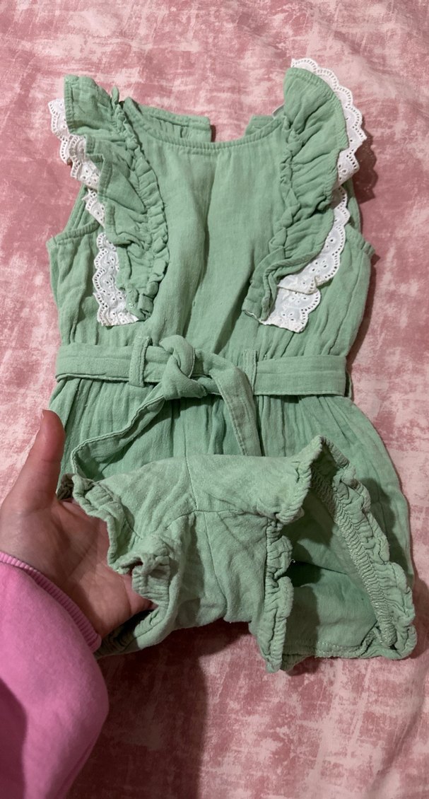 Yeşil Nakışlı Keten Kız Tulum - Görsel 2