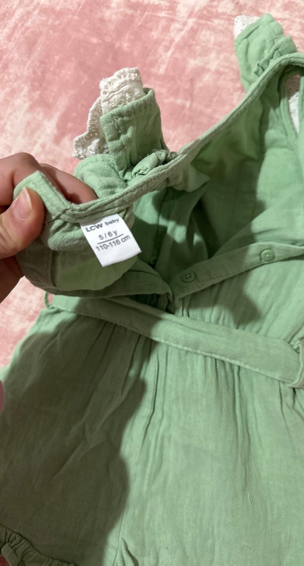 Yeşil Nakışlı Keten Kız Tulum - Görsel 4