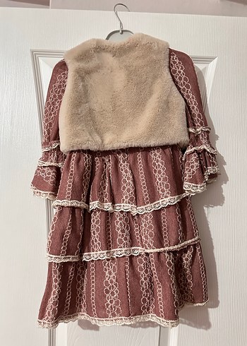 Bordo Nakışlı Bohem Kız Elbisesi Kürklü Yelekli - Görsel 2