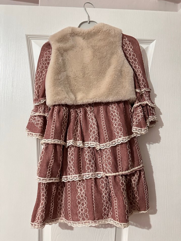 Bordo Nakışlı Bohem Kız Elbisesi Kürklü Yelekli - Görsel 2
