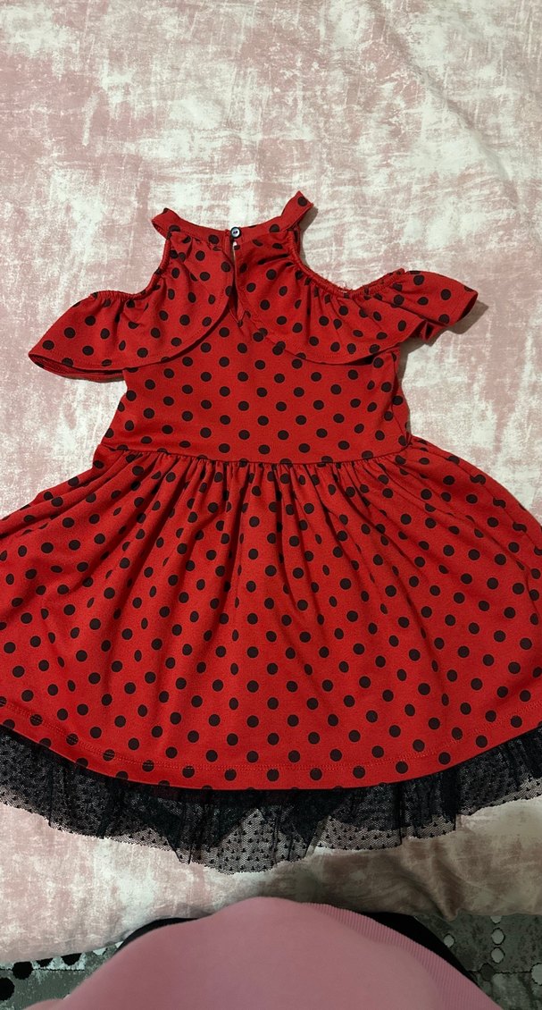 Kız Çocuk Kırmızı Puantiyeli Straplez Elbise - Görsel 3