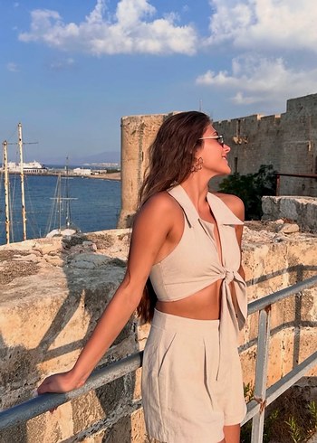 Keten Kumaşlı Straplez Kısa Crop Top