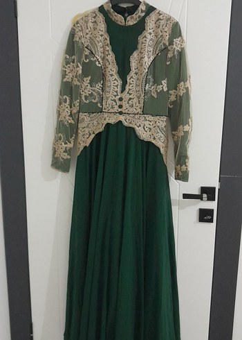 Dantel İşlemeli Uzun Kollu Yeşil Vintage Elbise