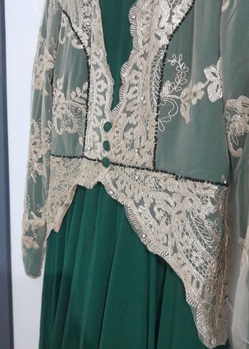 Dantel İşlemeli Uzun Kollu Yeşil Vintage Elbise - Görsel 5