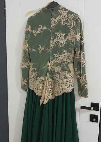 Dantel İşlemeli Uzun Kollu Yeşil Vintage Elbise - Görsel 6