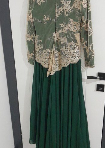 Dantel İşlemeli Uzun Kollu Yeşil Vintage Elbise - Görsel 7