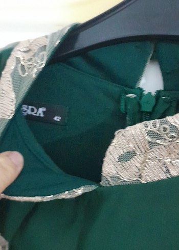 Dantel İşlemeli Uzun Kollu Yeşil Vintage Elbise - Görsel 8