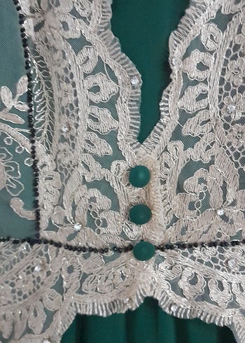Dantel İşlemeli Uzun Kollu Yeşil Vintage Elbise - Görsel 10