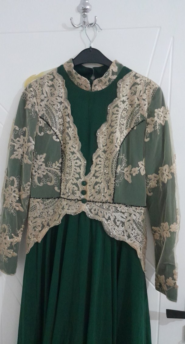 Dantel İşlemeli Uzun Kollu Yeşil Vintage Elbise - Görsel 2