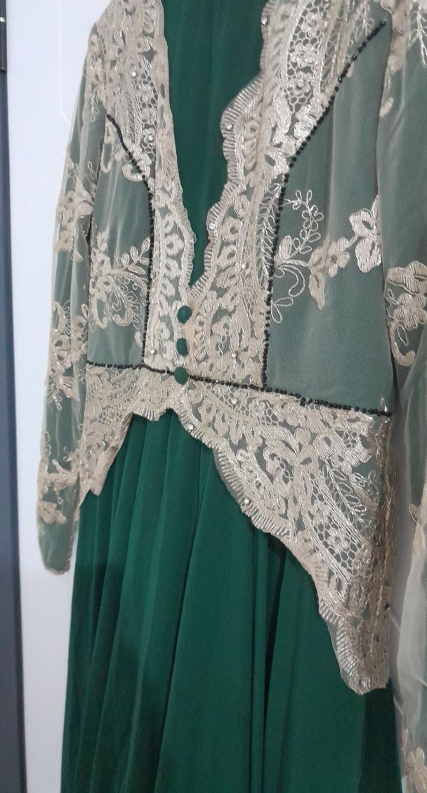 Dantel İşlemeli Uzun Kollu Yeşil Vintage Elbise - Görsel 5