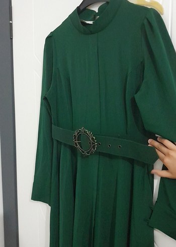 36 Beden Kemerli Yeşil Vintage Uzun Elbise