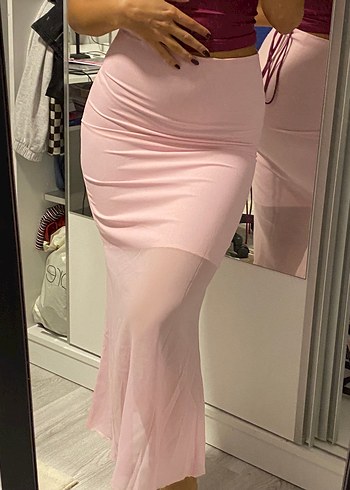 Pembe Midi Drapeli Kadın Etek coquette