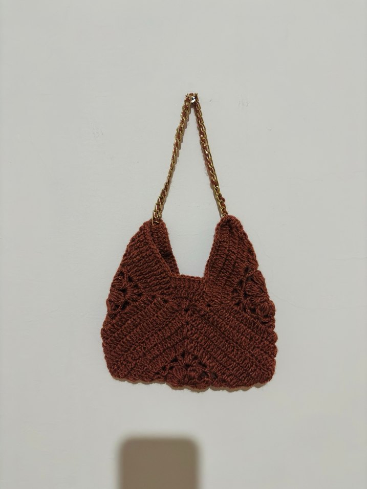 Dantel Detaylı Kahverengi Örgü Kadın Çanta - Görsel 2