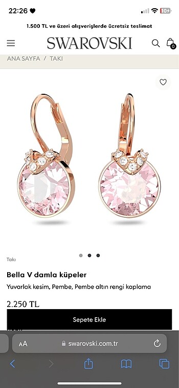 Orijinal kutusunda swarovski bella V damla küpe pembe rose gold