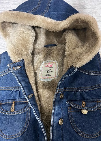 Kız Çocuk Kürklü Kapüşonlu Mavi Kot Yelek - Görsel 2