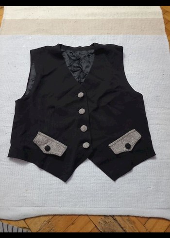 Siyah gri detaylı V Yaka Düğmeli Kadın Yelek - Görsel 2