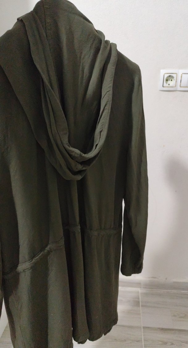 Kadın Haki Uzun Keten Trençkot - Görsel 4