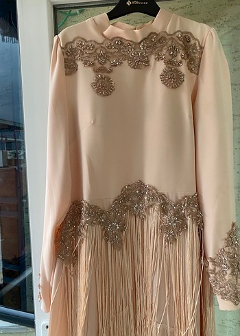 Bej İşlemeli Uzun Kollu Kadın Abiye Elbise - Görsel 6