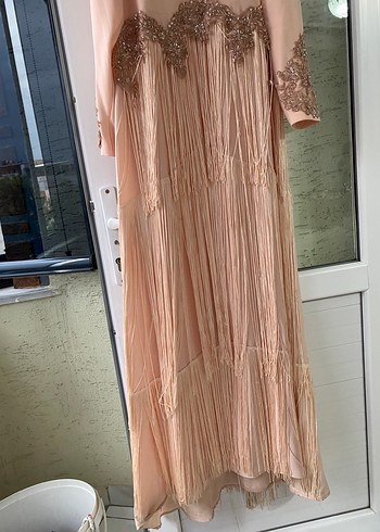 Bej İşlemeli Uzun Kollu Kadın Abiye Elbise - Görsel 7