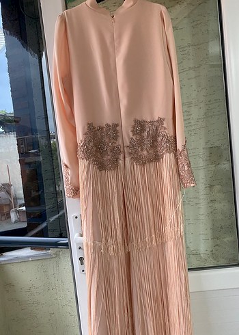 Bej İşlemeli Uzun Kollu Kadın Abiye Elbise - Görsel 4