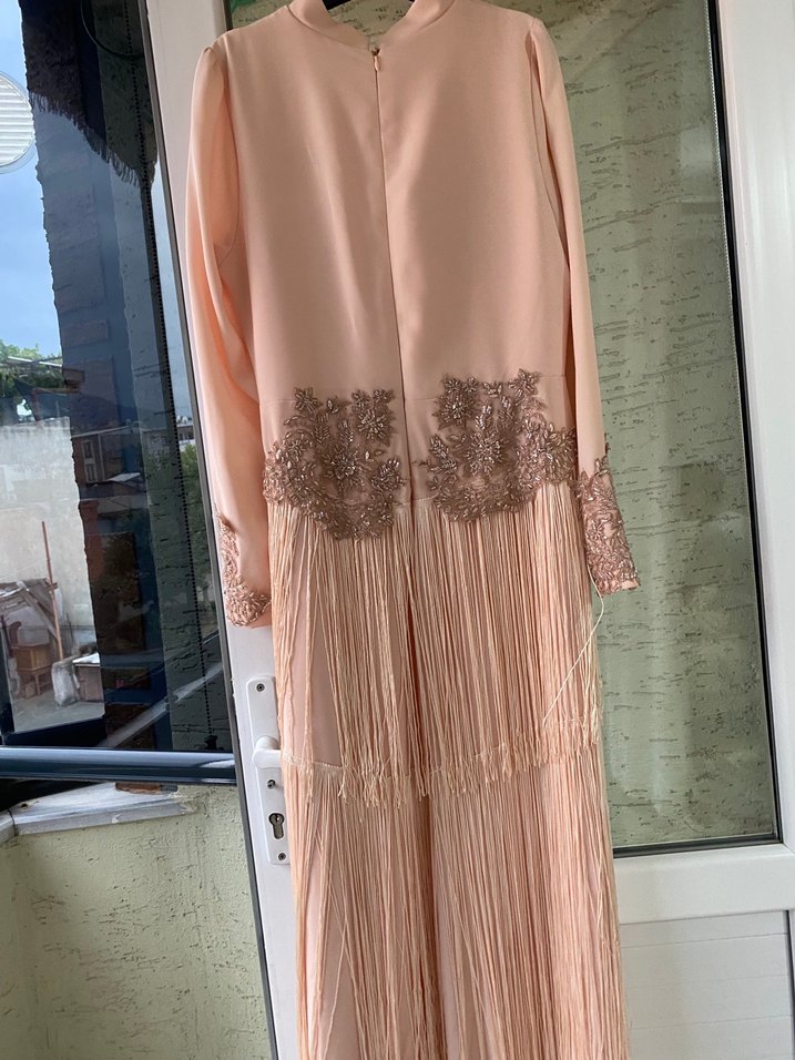 Bej İşlemeli Uzun Kollu Kadın Abiye Elbise - Görsel 4