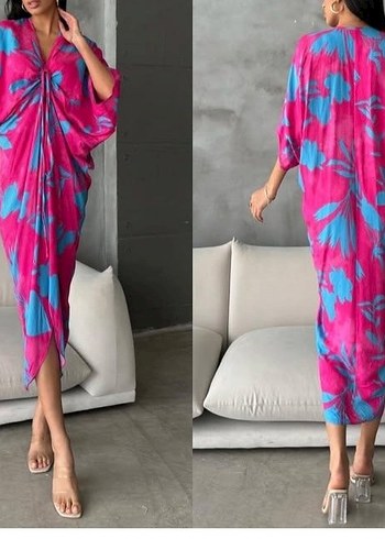 m Beden pembe Renk Pembe Mavi Batik Desenli Salaş Uzun Elbise