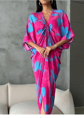 Pembe Mavi Batik Desenli Salaş Uzun Elbise