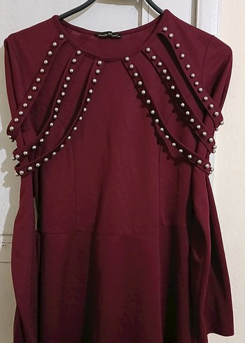 Bordo Uzun boncuk detaylı elbise - Görsel 3