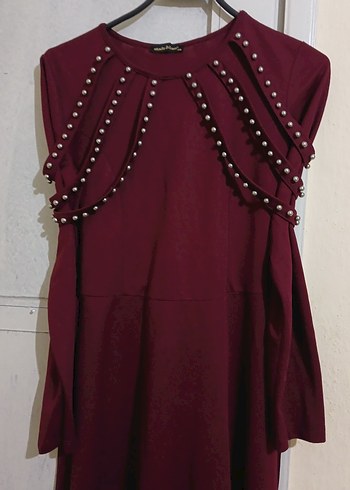 Bordo Uzun boncuk detaylı elbise - Görsel 5