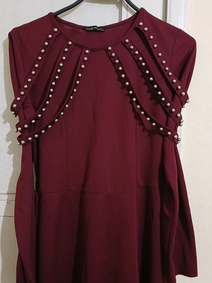 Bordo Uzun boncuk detaylı elbise - Görsel 3