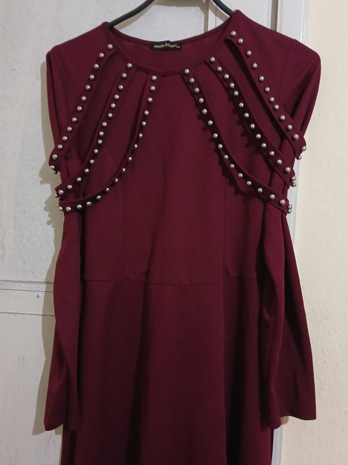 Bordo Uzun boncuk detaylı elbise - Görsel 5
