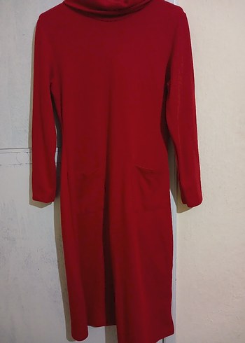 Kırmızı Uzun Kollu Yüksek Yakalı Triko Elbise - Görsel 6