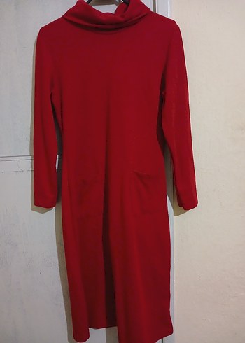 Kırmızı Uzun Kollu Yüksek Yakalı Triko Elbise - Görsel 5
