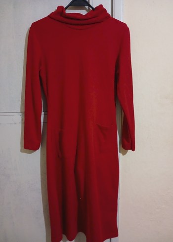 Kırmızı Uzun Kollu Yüksek Yakalı Triko Elbise - Görsel 2
