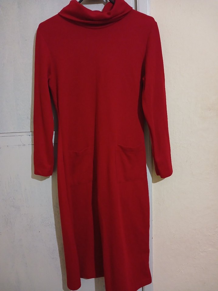 Kırmızı Uzun Kollu Yüksek Yakalı Triko Elbise - Görsel 5