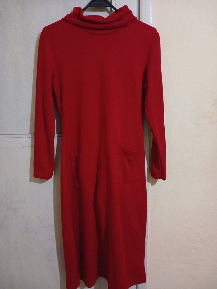 Kırmızı Uzun Kollu Yüksek Yakalı Triko Elbise - Görsel 2